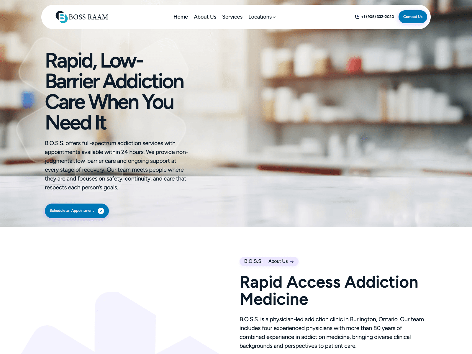 Boss Med Clinic homepage with a hero reading Rapid Low Barrier Addiction Care When You Need It