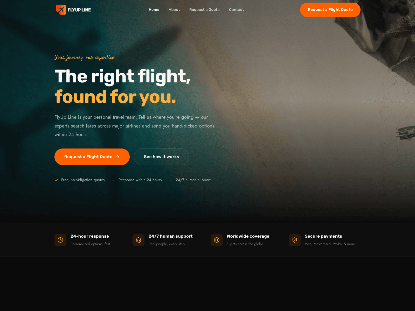 FlyUp Line travel homepage with a beach hero reading The right flight, found for you