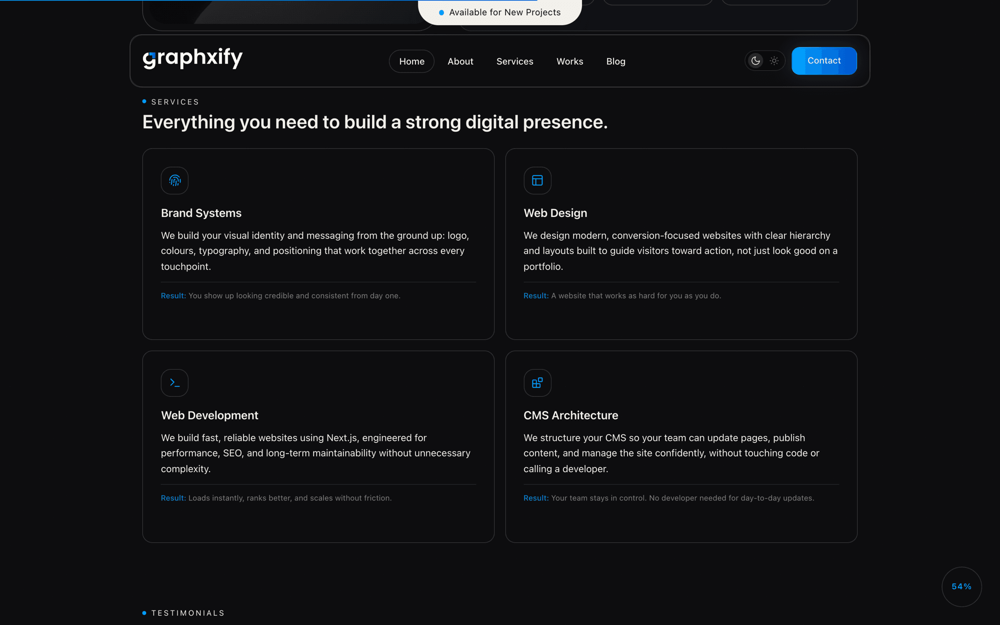 Graphxify services section covering brand, web design and development