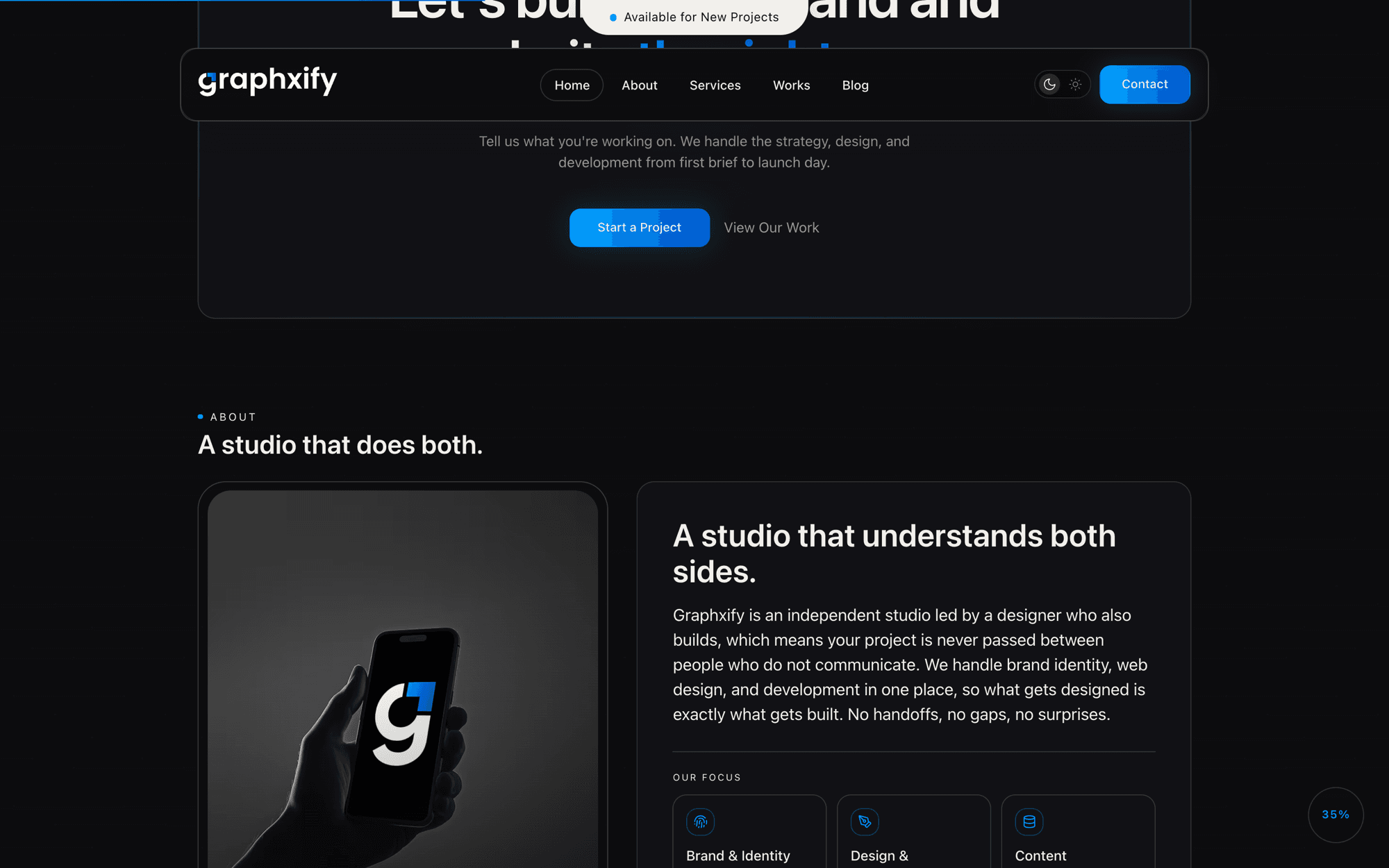 Graphxify about section with a phone mockup