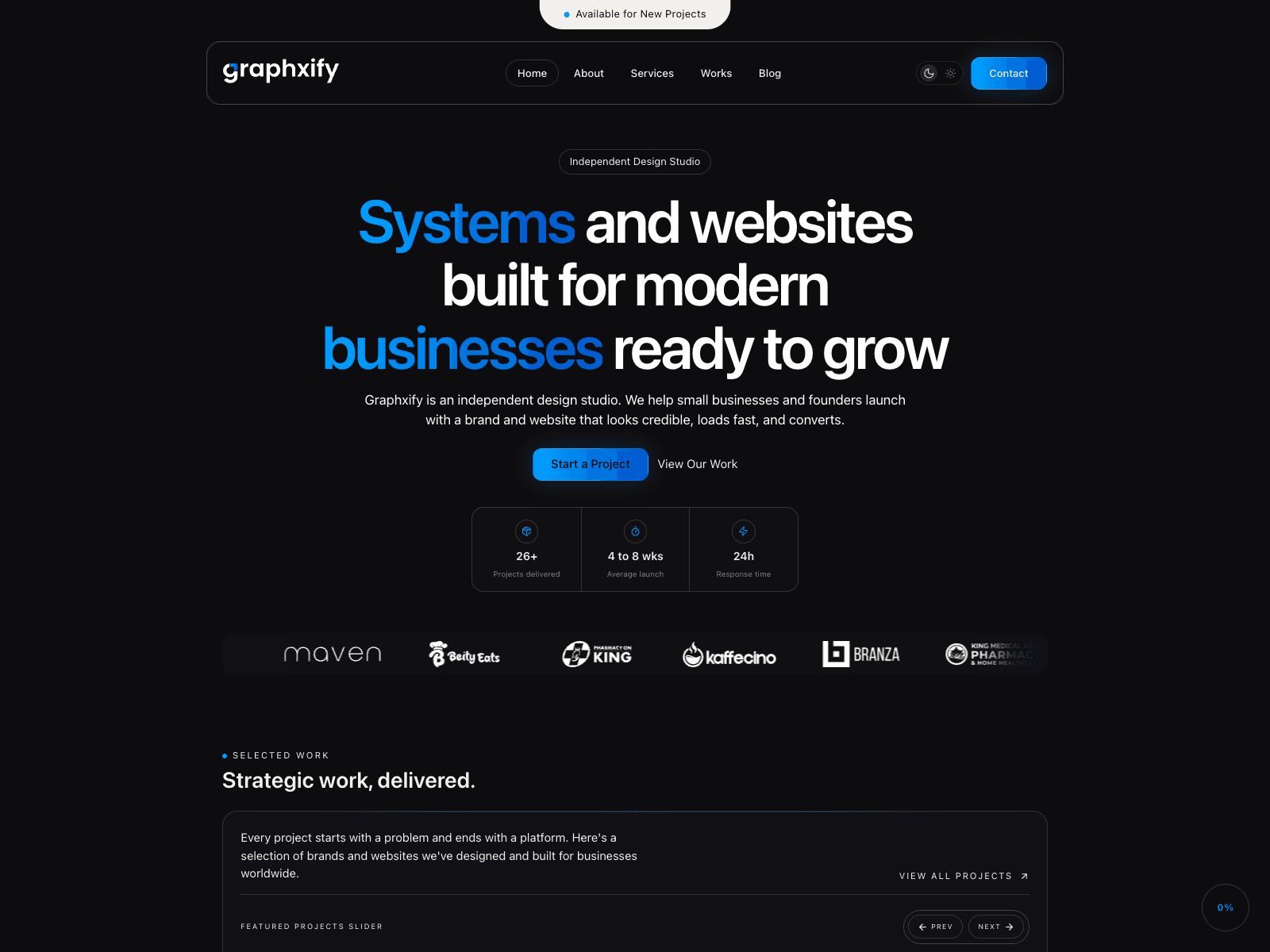Graphxify agency homepage with a dark hero reading Systems and websites built for modern businesses